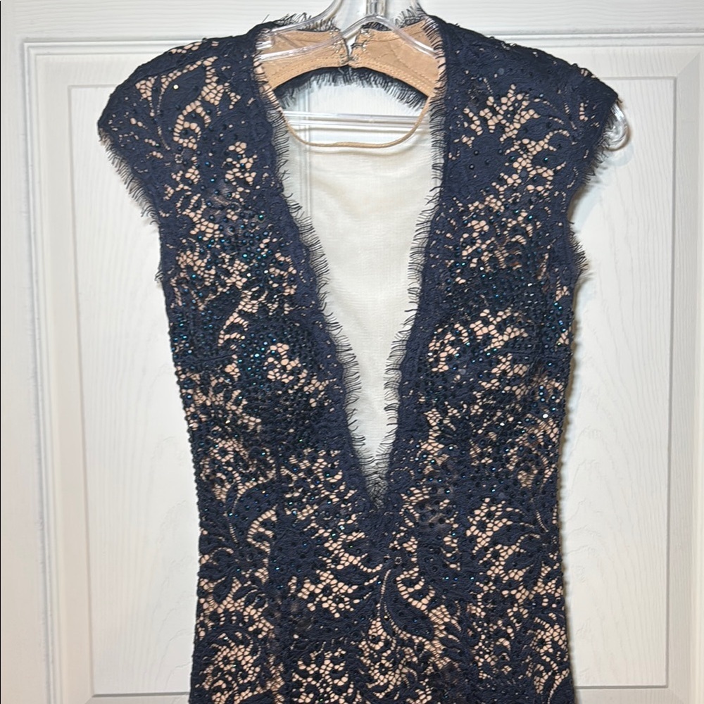 Navy Blue Evening Gown Nude Lining with Lace Overtop Beaded Plunging Neckline - Picture 2 of 16